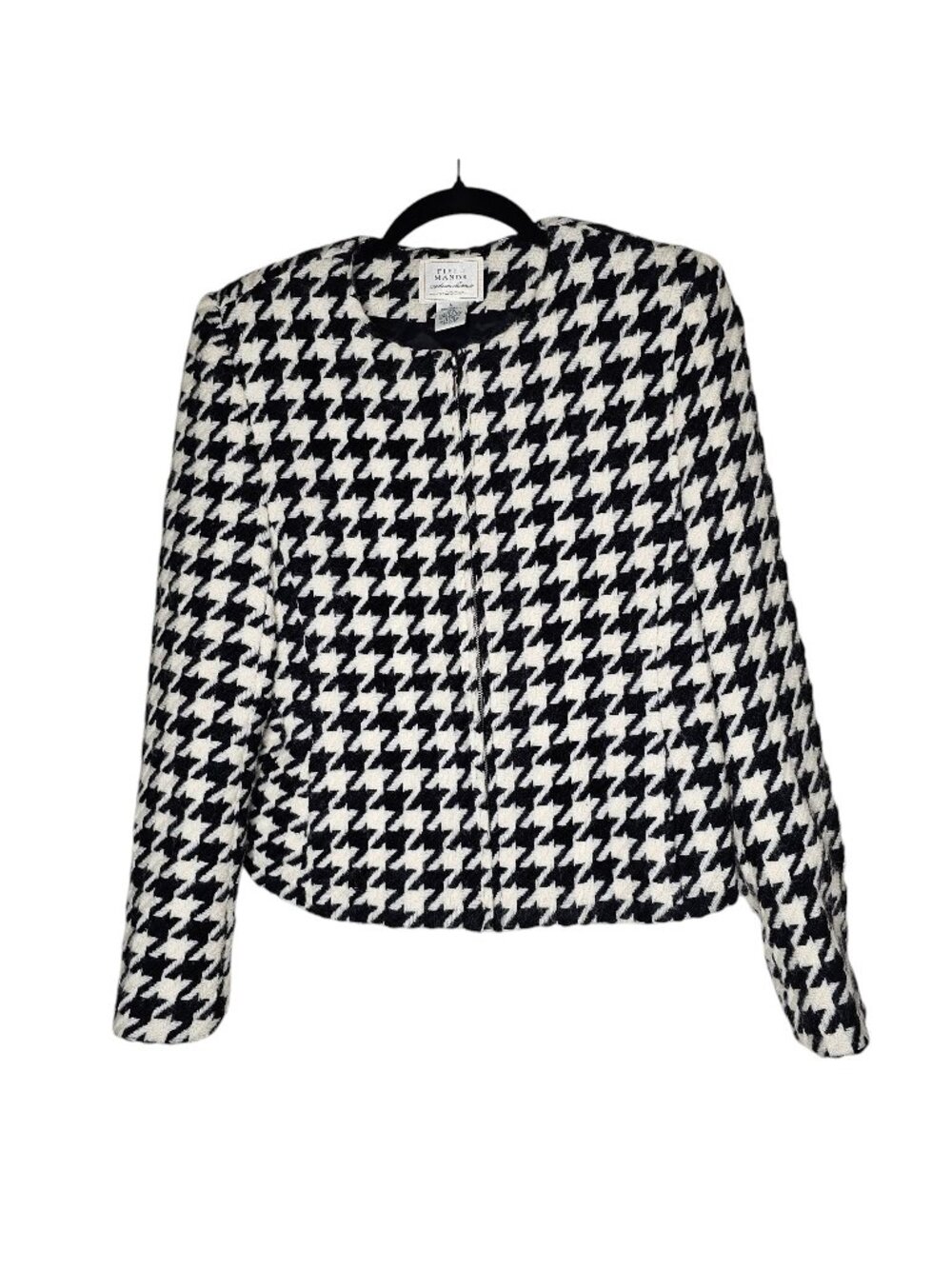 Vintage 6 Jacket Black White 100% Wool Houndstooth Zip Up Office Academia Career